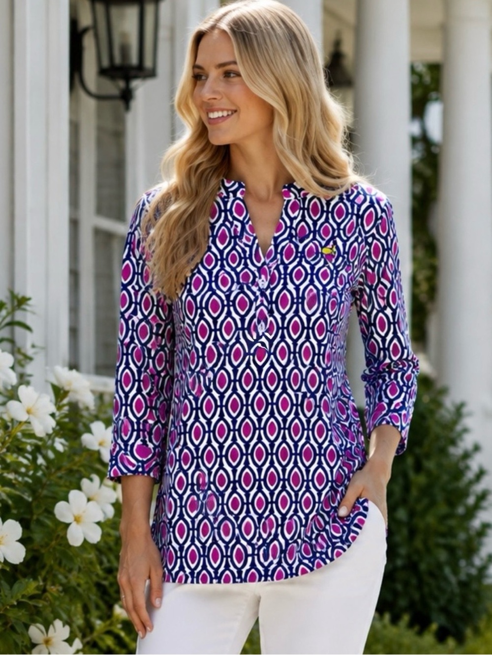 Magnolia Lane Collection Masters Augusta Tunic Top Pink Navy Size Small Golf